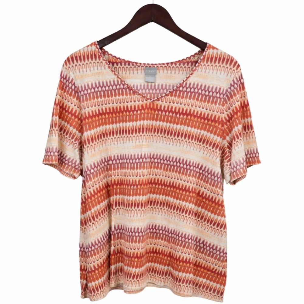 Chicos Ikat-inspired Geometric Stripe Print Short Sleeve Tee Sz 3 (XL)